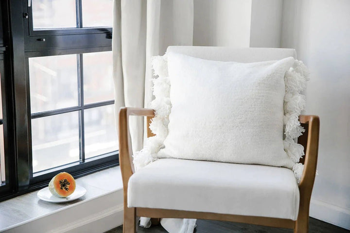 Solid Sahara Tan, Off White, Navy and Black 20x20 Inches Pom Pom Throw Pillow - The Rug Decor