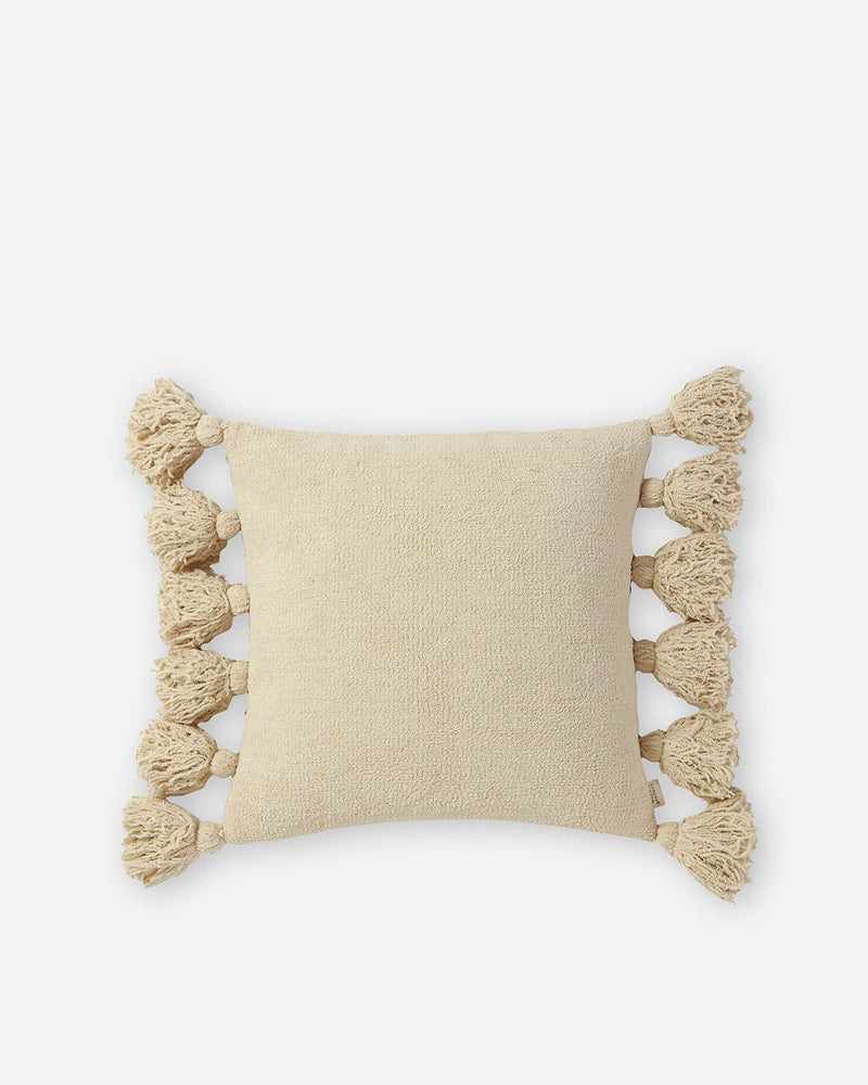 Solid Sahara Tan, Off White, Navy and Black 20x20 Inches Pom Pom Throw Pillow - The Rug Decor