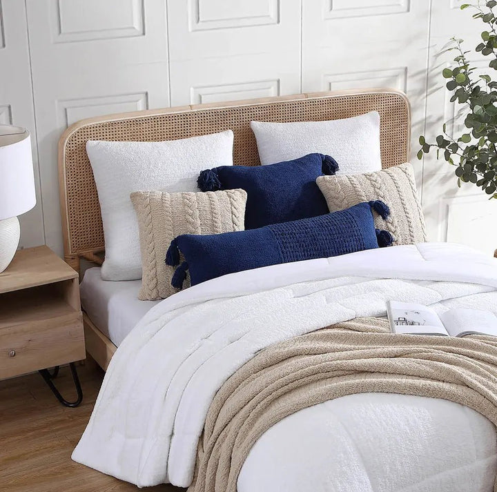 Solid Sahara Tan, Off White, Navy and Black 20x20 Inches Pom Pom Throw Pillow - The Rug Decor