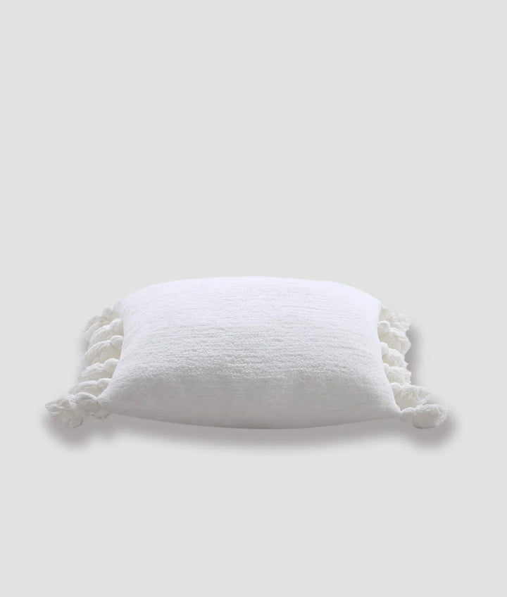 Solid Sahara Tan, Off White, Navy and Black 20x20 Inches Pom Pom Throw Pillow - The Rug Decor