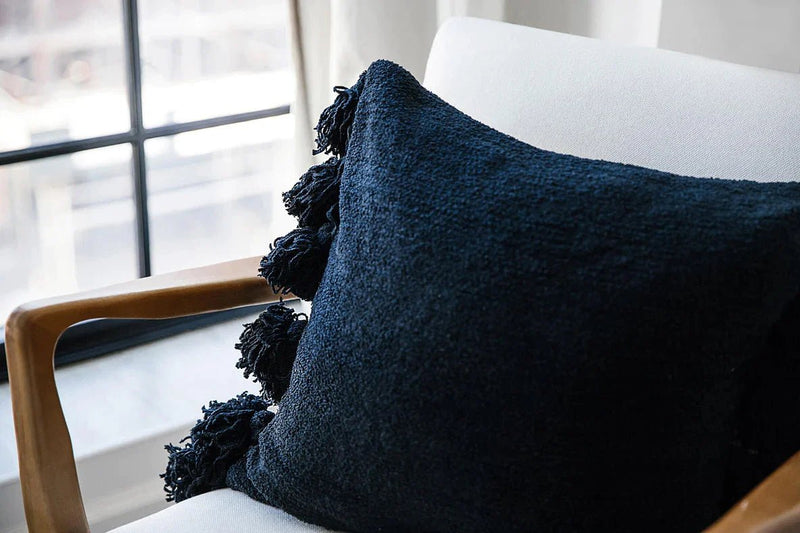 Solid Sahara Tan, Off White, Navy and Black 20x20 Inches Pom Pom Throw Pillow - The Rug Decor