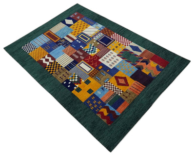 Soumak loop and cut 5x7 Multicolor Shapes Modern Artistic Wool Hand Woven Rug | KNT41 - The Rug Decor