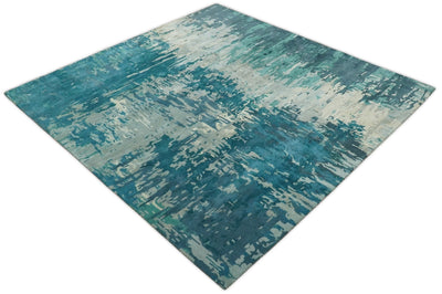 Square 9x9 Green, Silver and Beige Modern Abstract Handmade Wool and Art Silk Area Rug | BAN2 - The Rug Decor