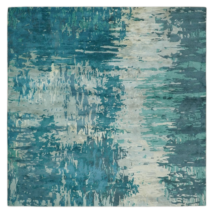 Square 9x9 Green, Silver and Beige Modern Abstract Handmade Wool and Art Silk Area Rug | BAN2 - The Rug Decor