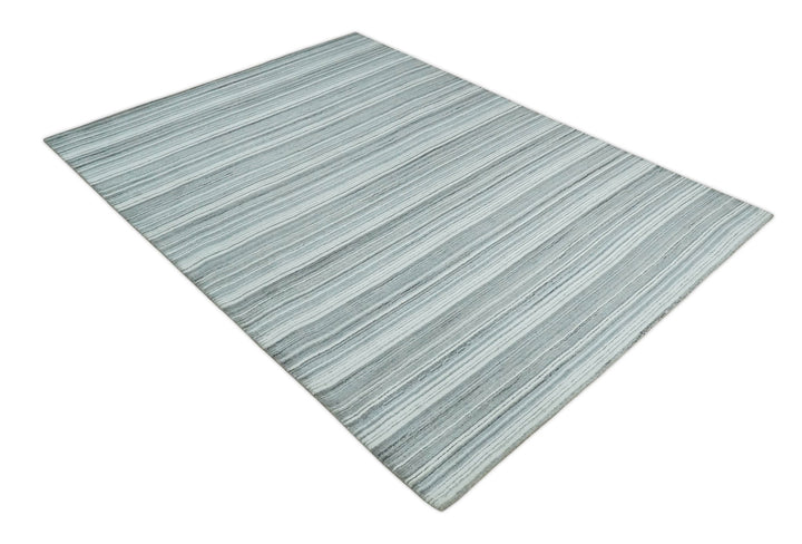 Striped Flatwoven 8x10 White, Silver and Gray Scandinavian Hand Made Blended Wool Area Rug | KE3 - The Rug Decor