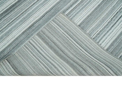 Striped Flatwoven 8x10 White, Silver and Gray Scandinavian Hand Made Blended Wool Area Rug | KE3 - The Rug Decor