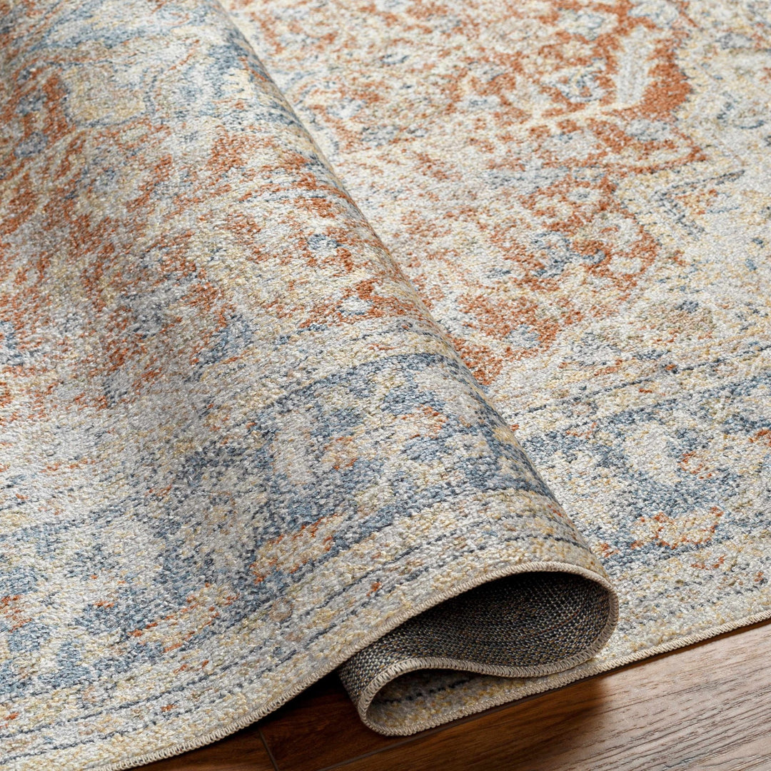 Style Rust, Blue, Beige and Silver Traditional Medallion Washable Area Rug - The Rug Decor