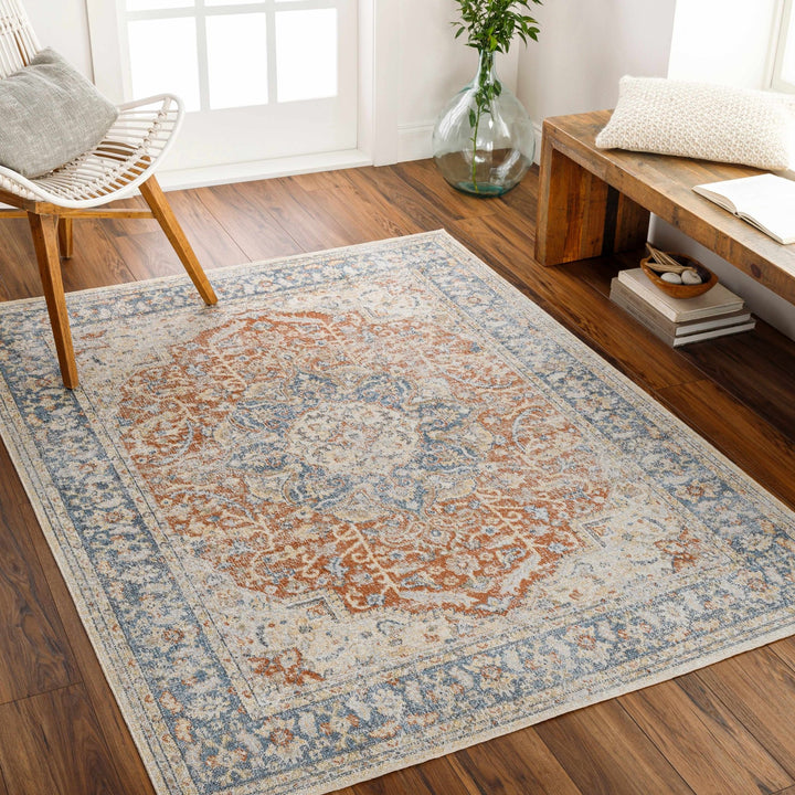 Style Rust, Blue, Beige and Silver Traditional Medallion Washable Area Rug - The Rug Decor