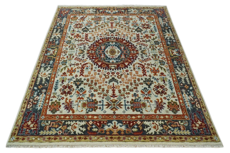Tabriz Antique Persian 5x8, 6x9, 8x10, 9x12, 10x14 and 12x15 Hand Knotted Ivory, Charcoal and Rust Modern Traditional Persian Wool Rug | TRDCP900 - The Rug Decor
