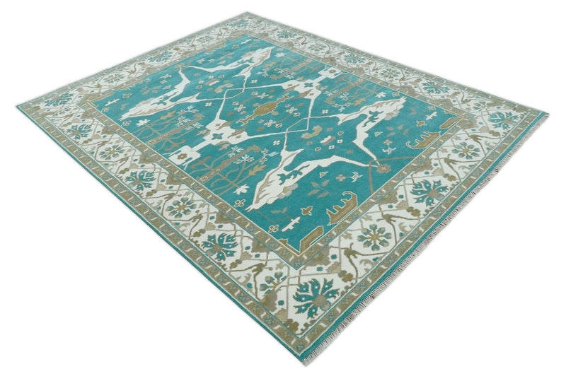 Teal and Ivory Hand knotted Oriental Oushak 9x12 wool Area Rug - The Rug Decor