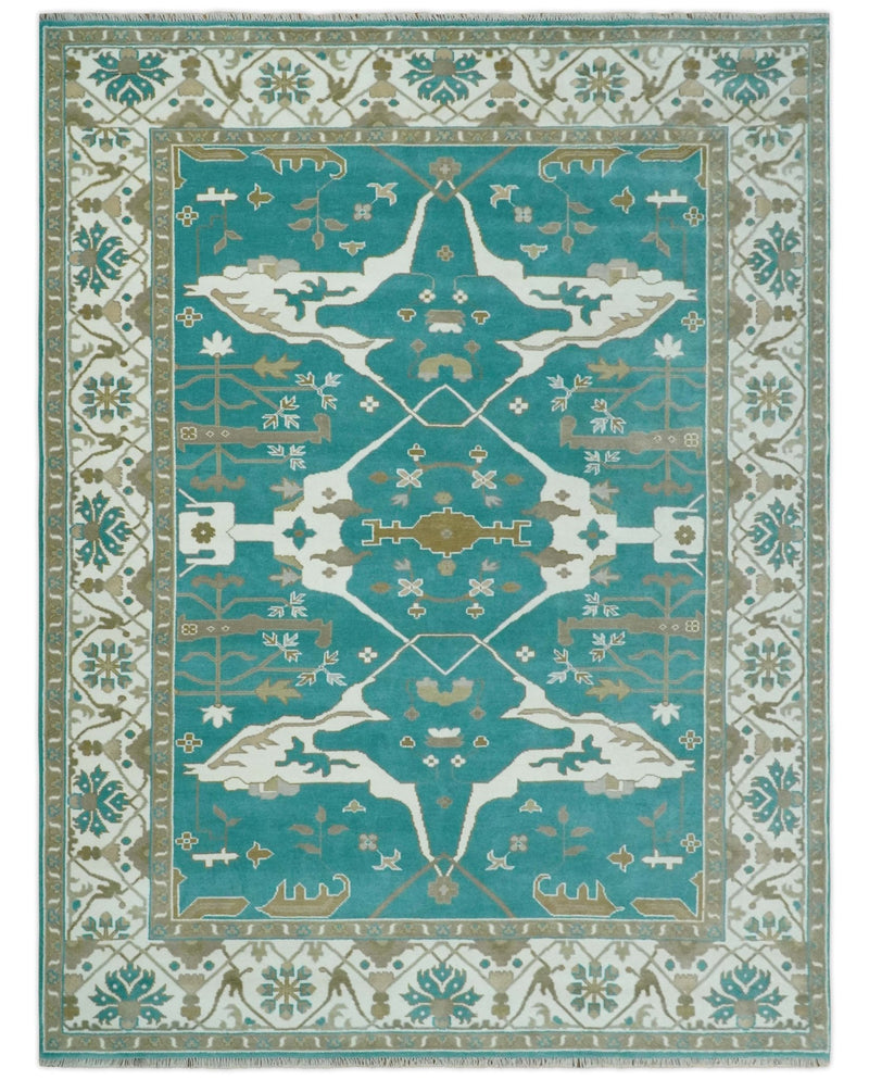 Teal and Ivory Hand knotted Oriental Oushak 9x12 wool Area Rug - The Rug Decor