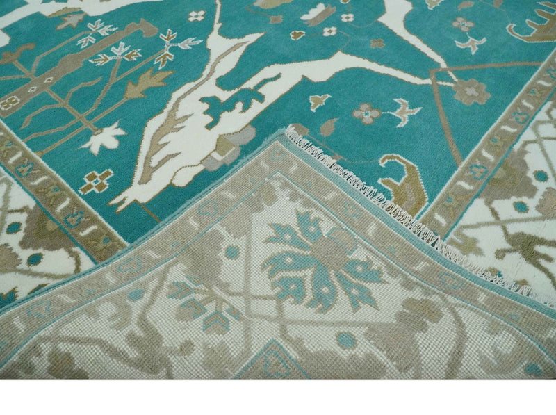 Teal and Ivory Hand knotted Oriental Oushak 9x12 wool Area Rug - The Rug Decor