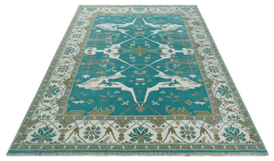 Teal and Ivory Hand knotted Oriental Oushak 9x12 wool Area Rug - The Rug Decor