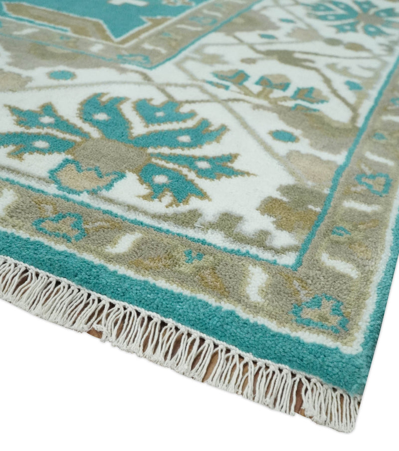 Teal and Ivory Hand knotted Oriental Oushak 9x12 wool Area Rug - The Rug Decor