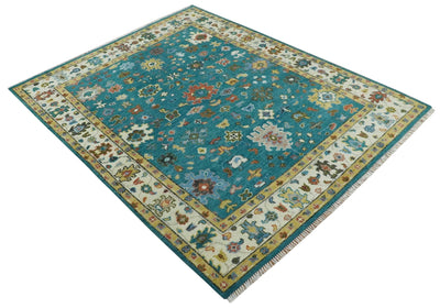 Teal and Ivory Hand knotted Traditional Oushak 8x10 wool Area Rug - The Rug Decor