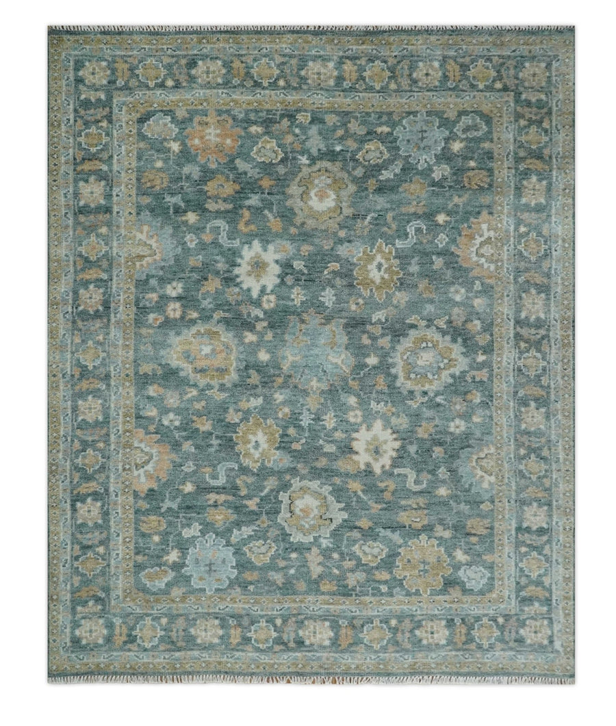 Teal, Olive and Silver Antique Style Hand knotted 8x10 Oushak wool Area Rug - The Rug Decor