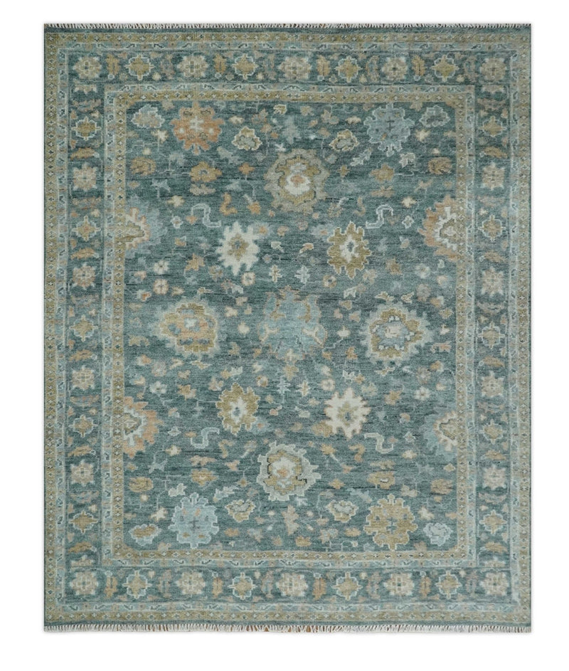 Teal, Olive and Silver Antique Style Hand knotted 8x10 Oushak wool Area Rug - The Rug Decor