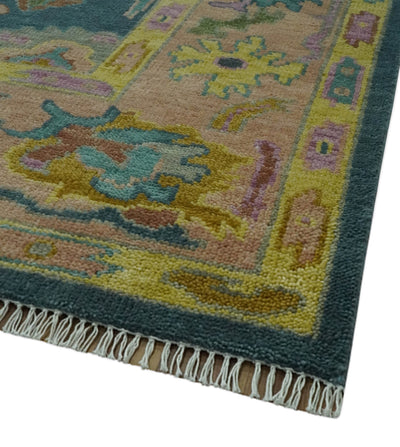 Teal, Peach and Mustard Hand Knotted Oriental Oushak 8x10 wool area Rug - The Rug Decor