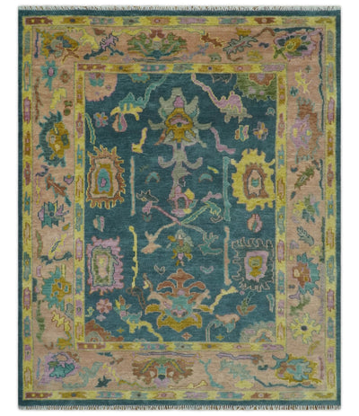 Teal, Peach and Mustard Hand Knotted Oriental Oushak 8x10 wool area Rug - The Rug Decor