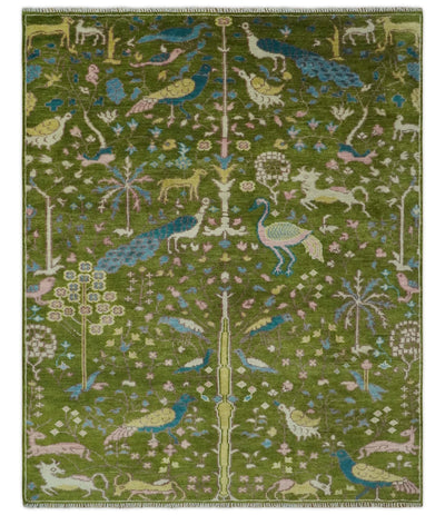 The Green Jungle Life Teal and Peach Peacock Bird Hand Knotted 8x10 Wool Area Rug - The Rug Decor