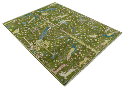 The Green Jungle Life Teal and Peach Peacock Bird Hand Knotted 8x10 Wool Area Rug - The Rug Decor