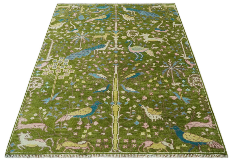 The Green Jungle Life Teal and Peach Peacock Bird Hand Knotted 8x10 Wool Area Rug - The Rug Decor