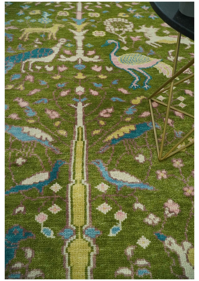 The Green Jungle Life Teal and Peach Peacock Bird Hand Knotted Custom Made Wool Area Rug - The Rug Decor