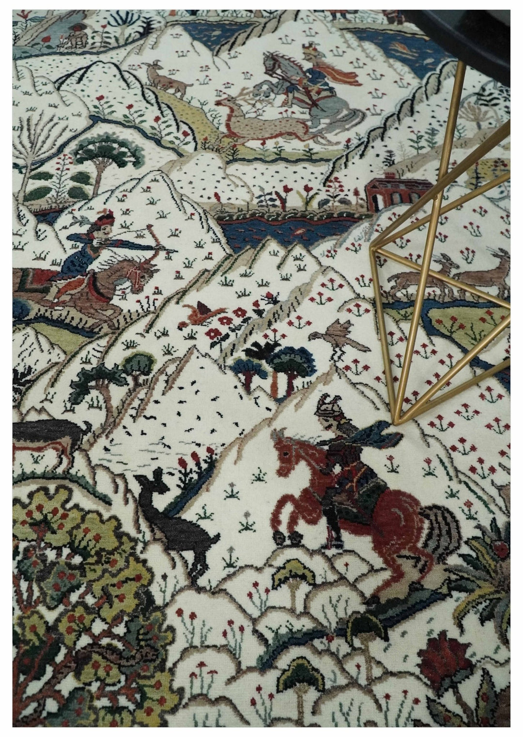 The Jungle Life Hunter and the King Animal Tree Rug Hand Knotted Ivory and Olive Wool - The Rug Decor