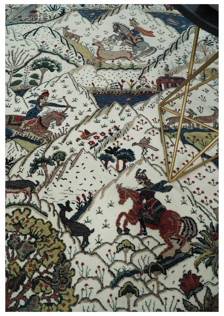 The Jungle Life Hunter and the King Animal Tree Rug Hand Knotted Ivory and Olive Wool - The Rug Decor