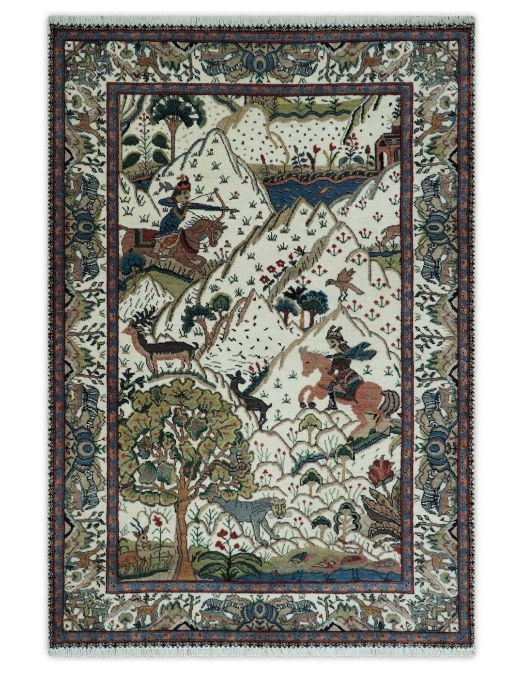 The Jungle Life Hunter and the King Animal Tree Rug Hand Knotted Ivory and Olive Wool - The Rug Decor