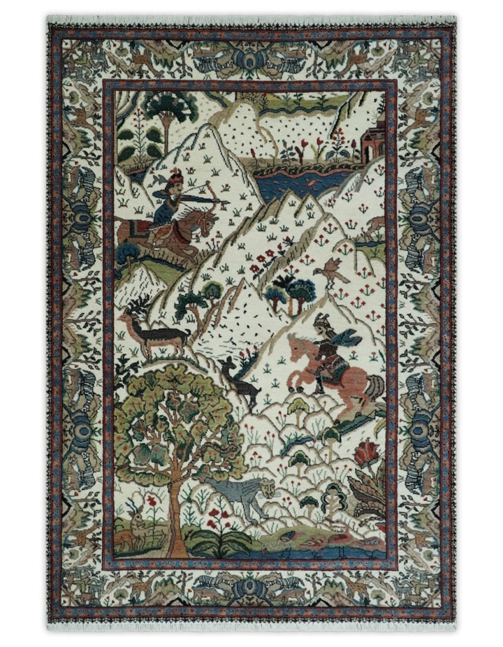 The Jungle Life Hunter and the King Animal Tree Rug Hand Knotted Ivory and Olive Wool - The Rug Decor