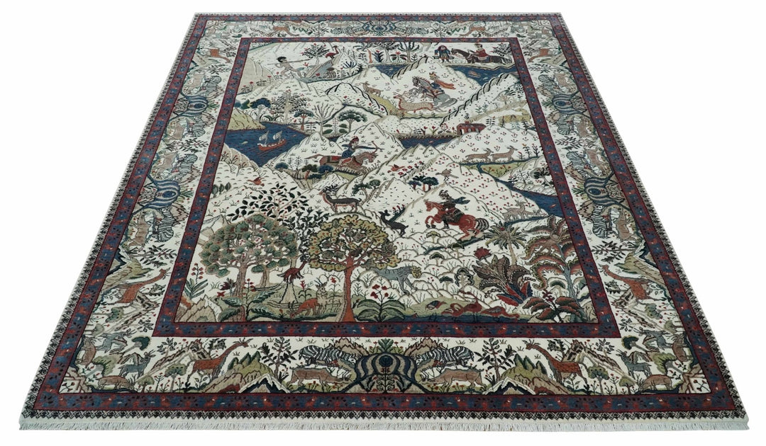 The Jungle Life Hunter and the King Animal Tree Rug Hand Knotted Ivory and Olive Wool - The Rug Decor