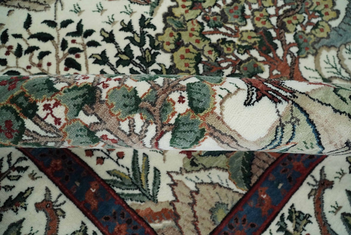 The Jungle Life Hunter and the King Animal Tree Rug Hand Knotted Ivory and Olive Wool - The Rug Decor