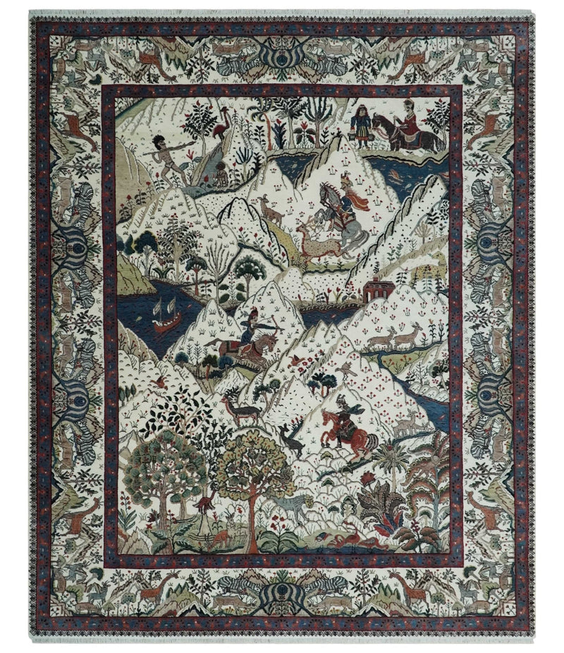 The Jungle Life Hunter and the King Animal Tree Rug Hand Knotted Ivory and Olive Wool - The Rug Decor