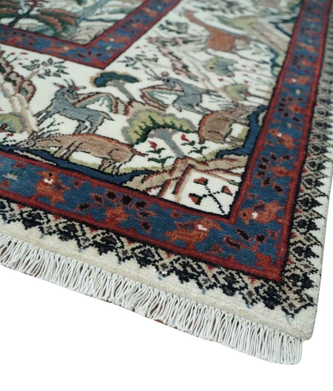 The Jungle Life Hunter and the King Animal Tree Rug Hand Knotted Ivory and Olive Wool - The Rug Decor