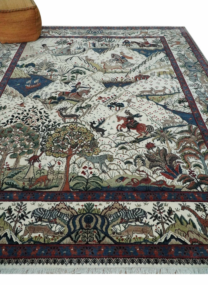 The Jungle Life Hunter and the King Animal Tree Rug Hand Knotted Ivory and Olive Wool - The Rug Decor
