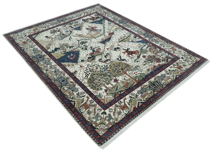 The Jungle Life Hunter and the King Animal Tree Rug Hand Knotted Ivory and Olive Wool - The Rug Decor