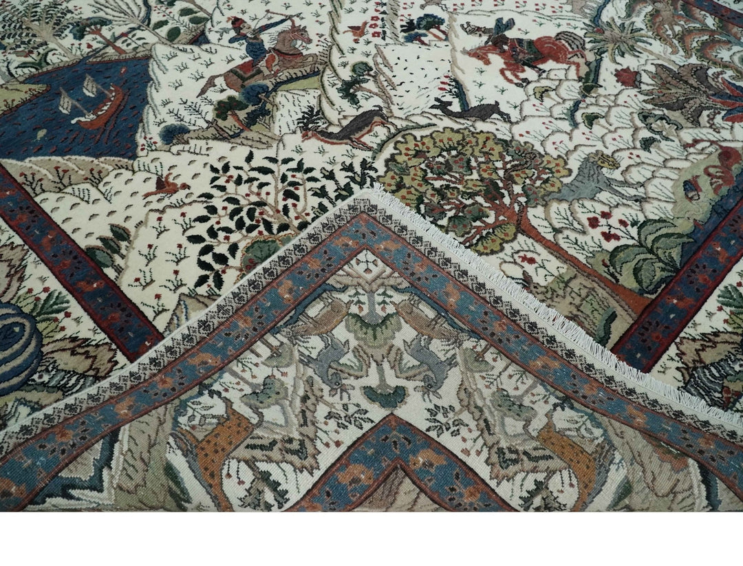 The Jungle Life Hunter and the King Animal Tree Rug Hand Knotted Ivory and Olive Wool - The Rug Decor
