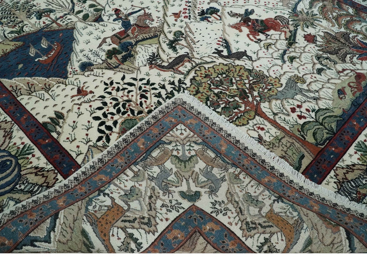 The Jungle Life Hunter and the King Animal Tree Rug Hand Knotted Ivory and Olive Wool - The Rug Decor