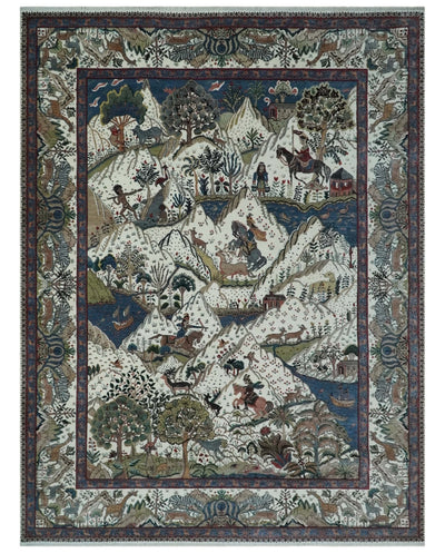 The Jungle Life Hunter and the King Animal Tree Rug Hand Knotted Ivory and Olive Wool - The Rug Decor