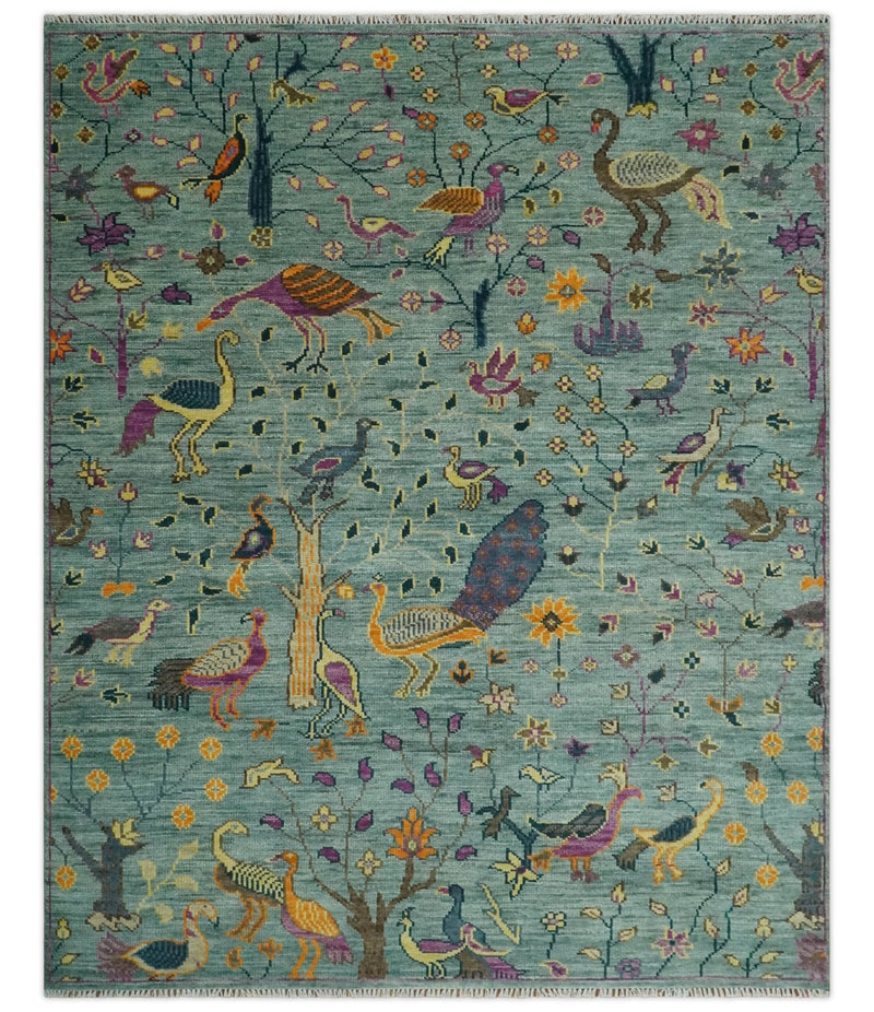 The Jungle Life Peacock Bird Rug Hand Knotted 8x10 Green Wool Rug - The Rug Decor