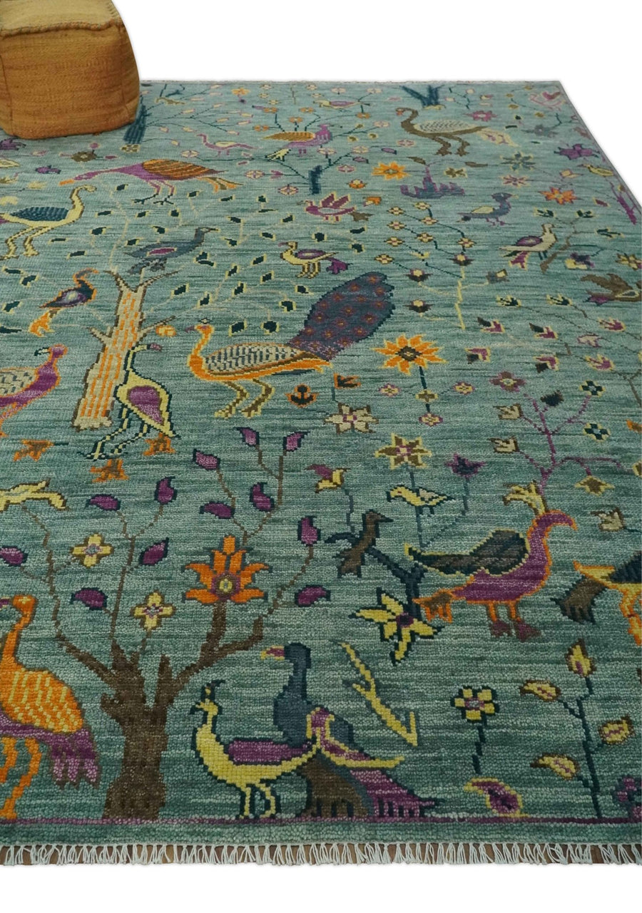 The Jungle Life Peacock Bird Rug Hand Knotted 8x10 Green Wool Rug