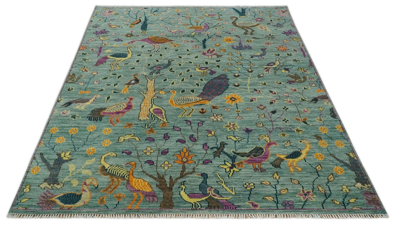 The Jungle Life Peacock Bird Rug Hand Knotted 8x10 Green Wool Rug - The Rug Decor