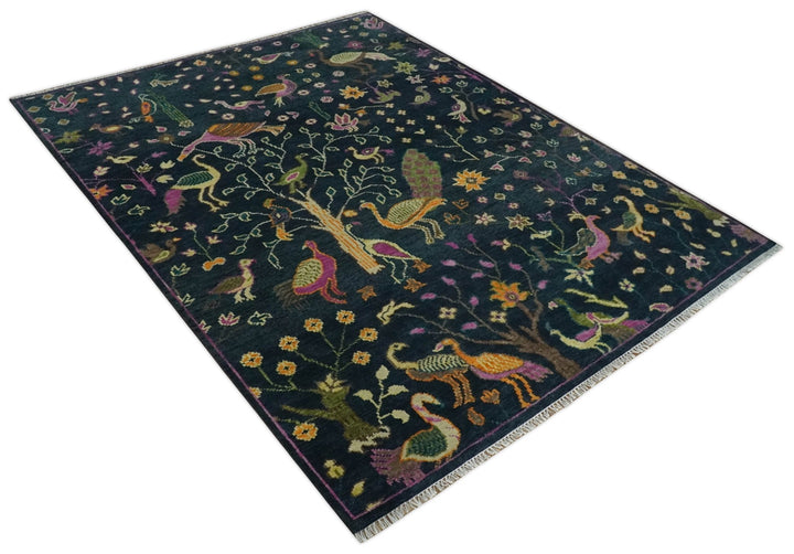 The Jungle Life Peacock on tree Rug Hand Knotted 8x10 Green Wool Rug - The Rug Decor