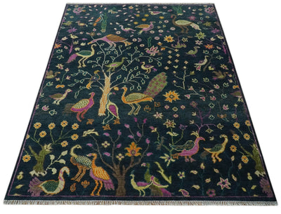 The Jungle Life Peacock on tree Rug Hand Knotted 8x10 Green Wool Rug - The Rug Decor