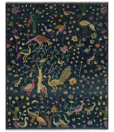 The Jungle Life Peacock on tree Rug Hand Knotted 8x10 Green Wool Rug - The Rug Decor
