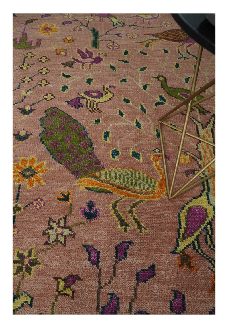 The Jungle Life Peacock on tree Rug Hand Knotted 8x10 Peach Wool Rug - The Rug Decor