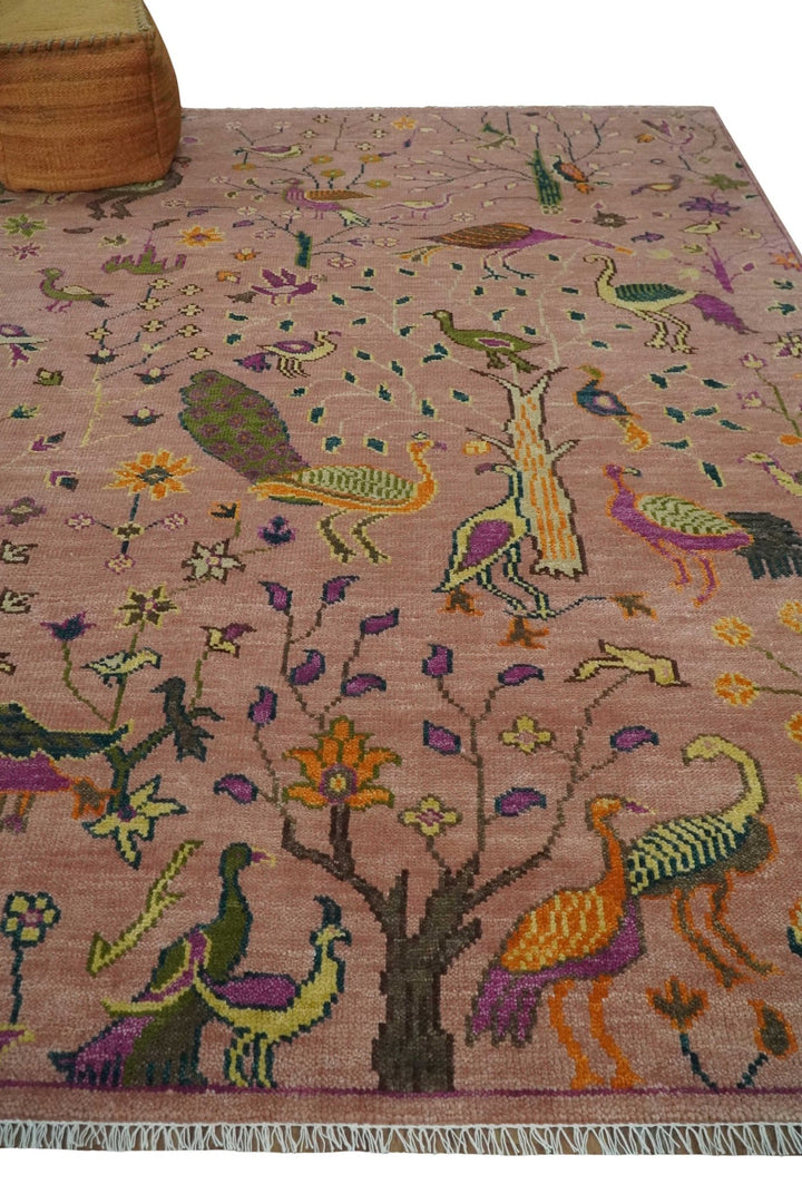 The Jungle Life Peacock on tree Rug Hand Knotted 8x10 Peach Wool Rug - The Rug Decor