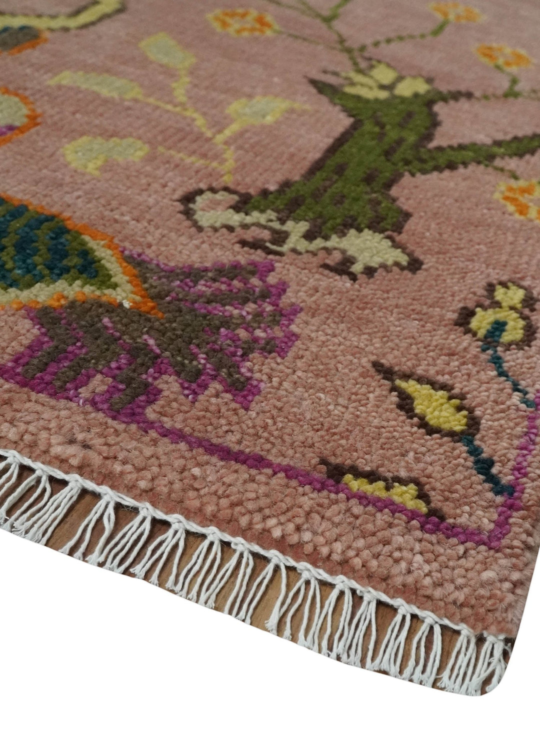 The Jungle Life Peacock on tree Rug Hand Knotted 8x10 Peach Wool Rug - The Rug Decor