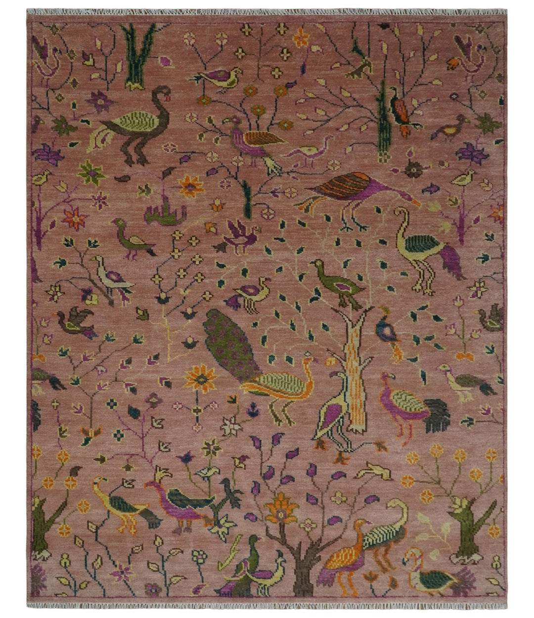 The Jungle Life Peacock on tree Rug Hand Knotted 8x10 Peach Wool Rug - The Rug Decor